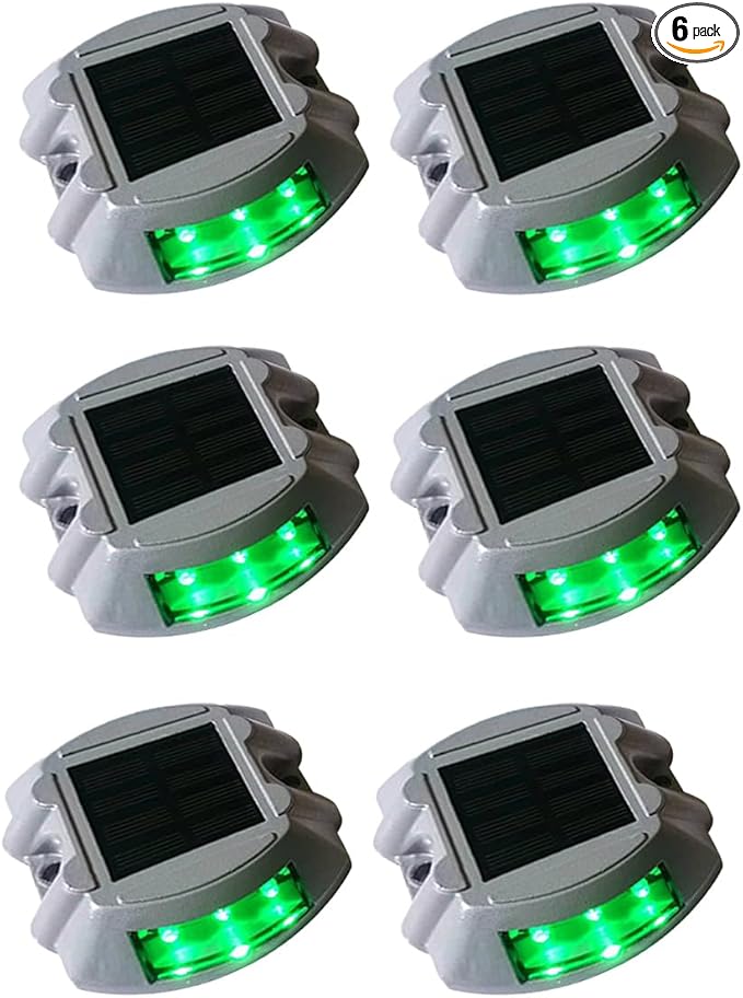 Wokyo 6 Pack Solar Deck Lights Outdoor Waterproof LED Solar Step Lights, Warning Road Marker Solar Powered Driveway Dock Lights for Pathway, Stairs, Ground, Flat (6, Green Always on)