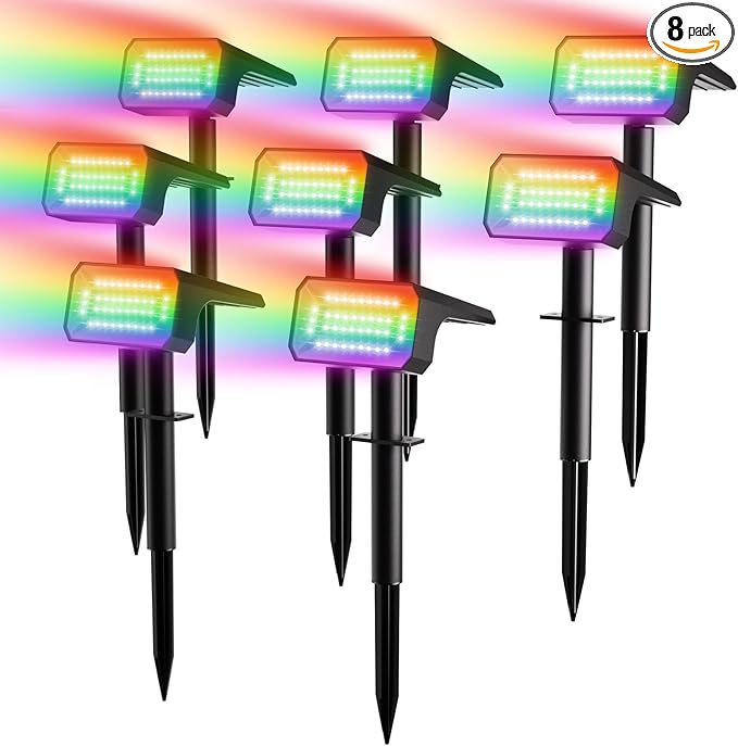 Fabrito Color Changing Solar Spot Lights Outdoor 8 Pack, [6+1 Lighting Modes] Auto On/Off RGB Spotlights | Lumora