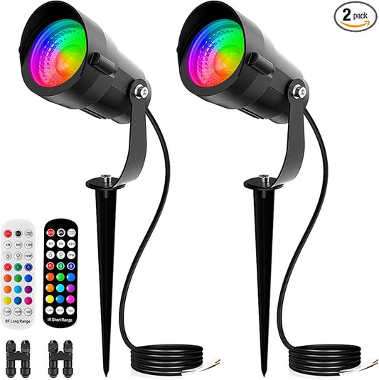 RGBWW Low Voltage Landscape Lighting with Remotes, 12W Color Changing LED Outdoor Spotlights RGB Landscape Lights 12V-24V AC/DC Waterproof for Gardens, Yards, Trees, Pathway, Festival Decor, 2 Pack