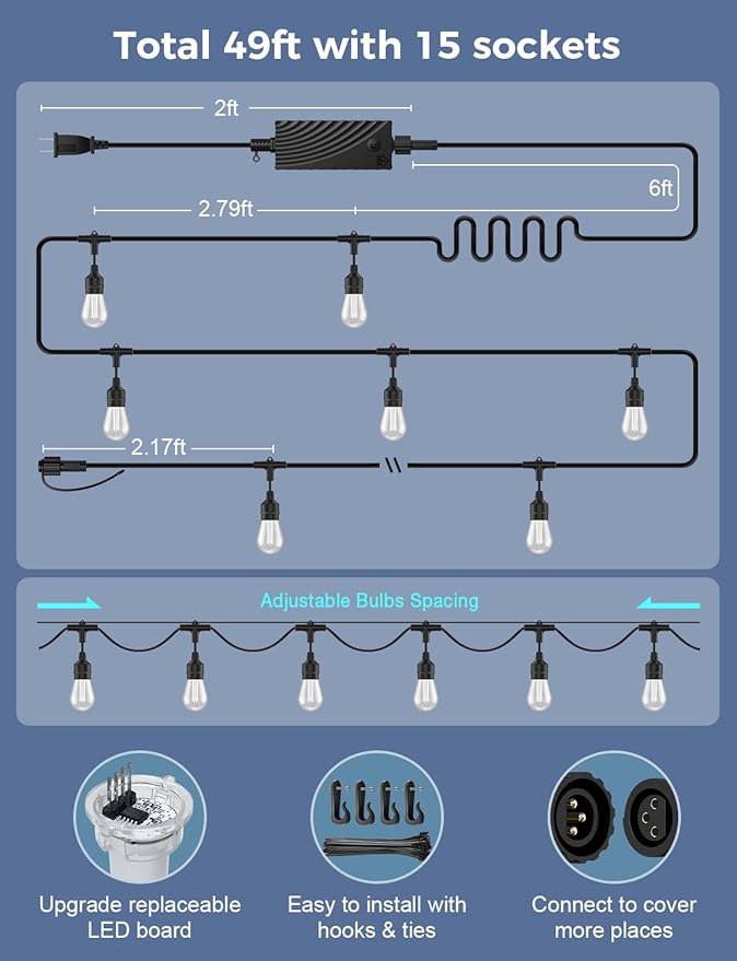 XMCOSY+ Outdoor String Lights Smart, 49Ft RGBCWIC Patio Lights Waterproof, App Control, Compatible with Alexa | Lumora