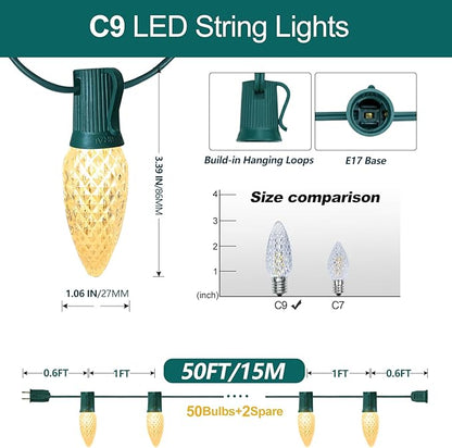 Vintage C9 LED Christmas Lights Outdoor, 50 Feet C9 String Light with 50 (+2 Spare) Shatterproof LED Bulb, Connectable Christmas Tree Lights for Outside Roofline Patio Xmas Decorations, Warm White