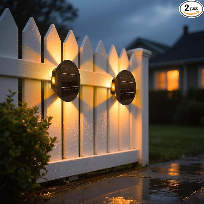 7" Solar Lights Fence Waterproof for Outdoor Deck & Wall, Patio, and Step Stairs | Warm White Pathway Lighting with 3 Bright Modes| Outside Decor Decorative UFO Four Way Lamps