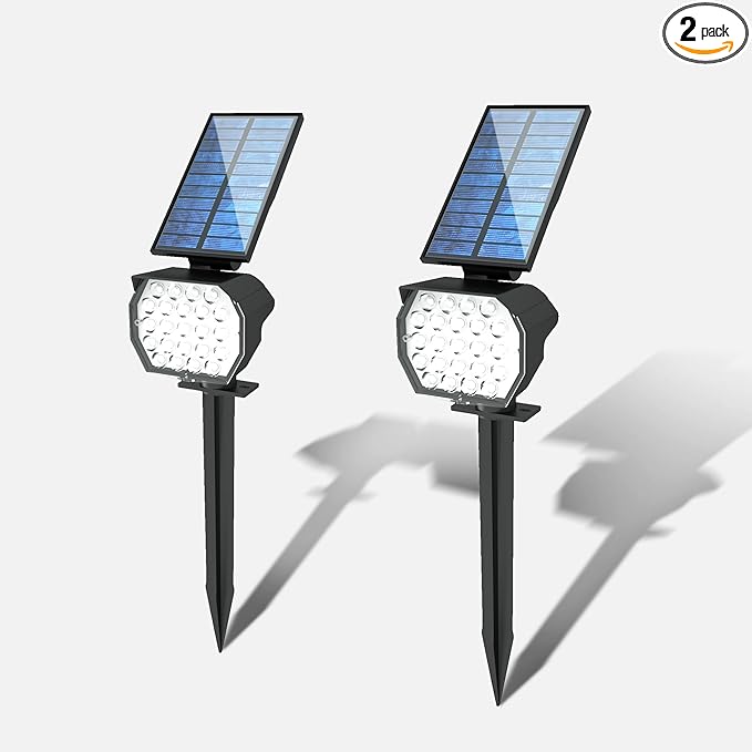 23 LED Solar Spot Lights Outdoor Waterproof, 2 Pack Solar Lights with Optical Lenses, 3 Brightness Spotlight Landscape Lighting, Auto ON/Off Outdoor Solar Lights for Yard, Garden, Lawn, White Light