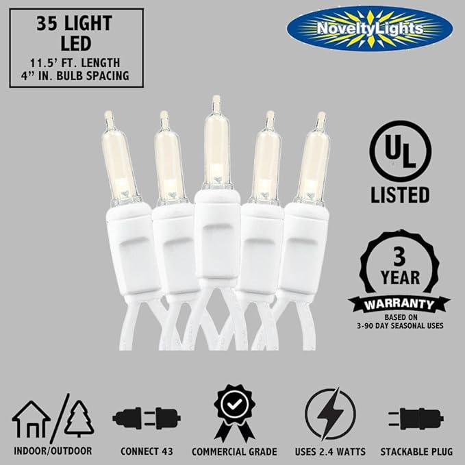 Novelty Lights Vintage Style T5 Green LED Christmas Lights, 11.5 Feet White Wire String of 35 Mini Bulbs, UL Listed Indoor/Outdoor Tree Lighting