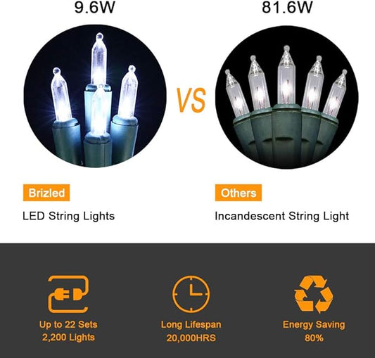 Brizled Christmas Lights, 33ft 100 LED End to End Connectable Mini Christmas String Lights, 120V UL Certified Cool White Xmas Tree Light Indoor Outdoor Mini Light Set for Xmas Tree Party Wedding Decor