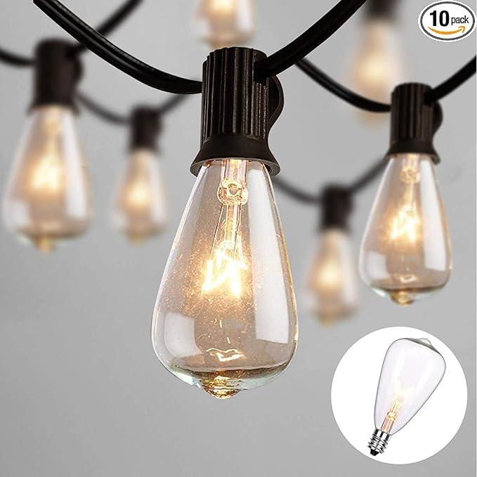 ST38 Outdoor Edison String Lights with 11 Clear Globe Bulbs and 10 Pack ST38 Replacement Light Bulbs, C7/E12 Screw Base, Black Wire