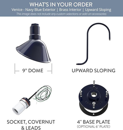 Steel Lighting Co. Venice Store Sign Light | for Outdoor Restaurant Accent Wall | 9 inch Dome | Upward Sloping Gooseneck | Made in America | Navy Blue Exterior/Brass Interior