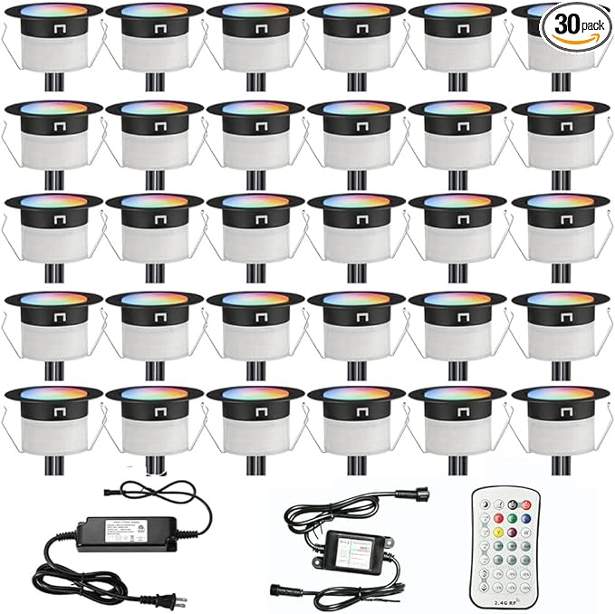 FVTLED Low Voltage Recessed RGBW Deck Light, 30pcs Φ1.22 RGB & Warm White Stainless Steel Waterproof Outdoor Step | Lumora
