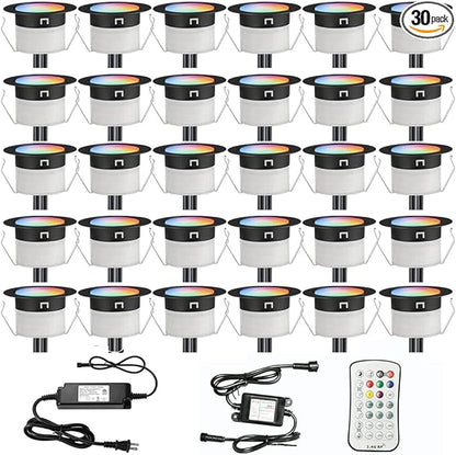 FVTLED Low Voltage Recessed RGBW Deck Light, 30pcs Φ1.22 RGB & Warm White Stainless Steel Waterproof Outdoor Step Lighting In-ground Landscape Pathway Patio Stair Decor Lamp, Black
