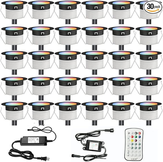 FVTLED Low Voltage Recessed RGBW Deck Light, 30pcs Φ1.22 RGB & Warm White Stainless Steel Waterproof Outdoor Step Lighting In-ground Landscape Pathway Patio Stair Decor Lamp, Black