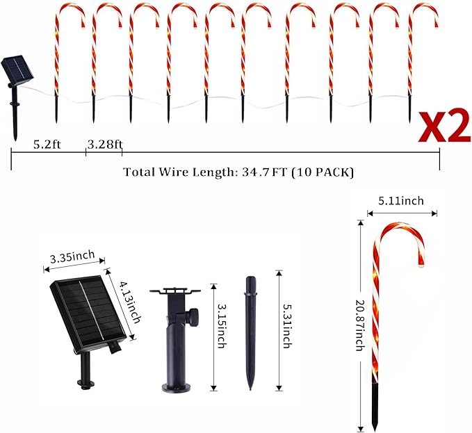 20 Pcs Christmas Candy Cane Lights, 21'' Solar Pathway Lights with 8 Lighting Modes, Waterproof Garden Lights for Outdoor Christmas Patio Yard Walkway Decorations
