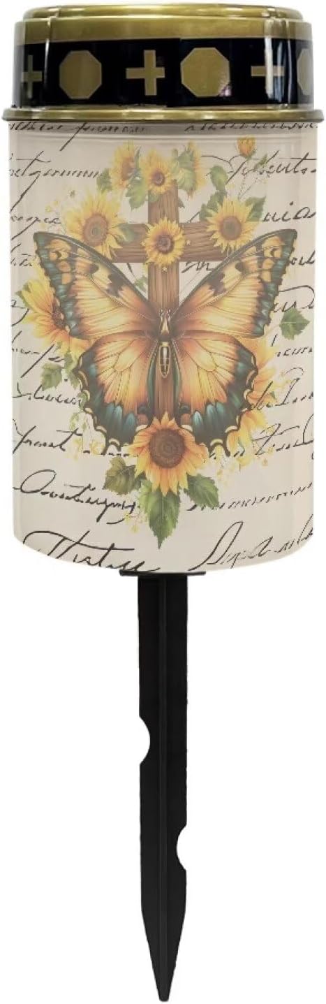 Yellow Butterfly Solar Lights for Cemetery Gravesite Outdoor Solar Lights for Yard Decorative Cemetery Candle Holder for Grave Waterproof Flameless Solar Powered Light for Prayer