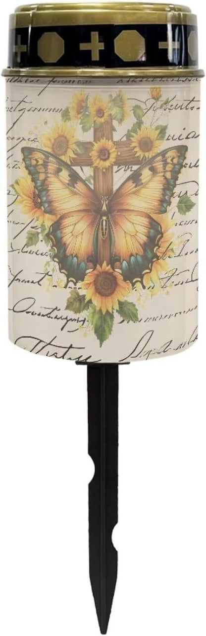 Yellow Butterfly Solar Lights for Cemetery Gravesite Outdoor Solar Lights for Yard Decorative Cemetery Candle Holder for Grave Waterproof Flameless Solar Powered Light for Prayer
