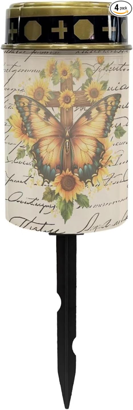 Yellow Butterfly Solar Lights for Cemetery Gravesite Outdoor Solar Lights for Yard Decorative Cemetery Candle Holder for Grave Waterproof Flameless Solar Powered Light for Prayer