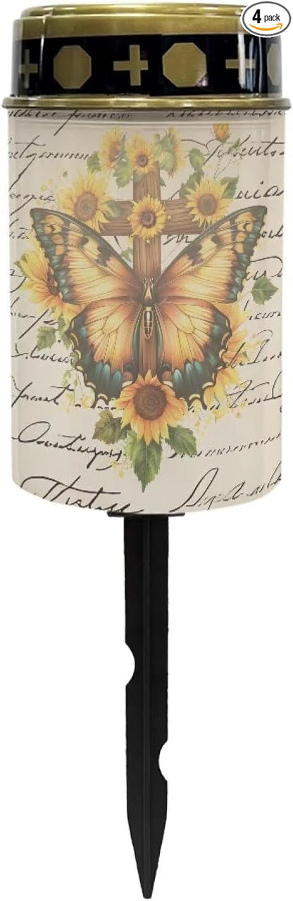 Yellow Butterfly Solar Lights for Cemetery Gravesite Outdoor Solar Lights for Yard Decorative Cemetery Candle Holder for Grave Waterproof Flameless Solar Powered Light for Prayer