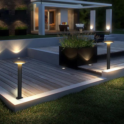 Solar LED Landscape Lighting Round Solar Pathway Light Black Aluminum Housing Path Bollard Lights with IP65 Waterproof Warm Light Cylinder Outdoor Floor Lamp for Drivway Porch Patio