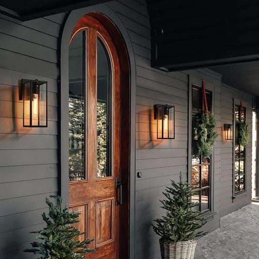 LALUZ Black Outdoor Wall Lights, Modern Farmhouse Outdoor Light Fixture Wall Mount with Clear Glass, Waterproof Rectangular Exterior Outdoor Sconce Wall Lantern Lights for House, Porch, Patio, Garage