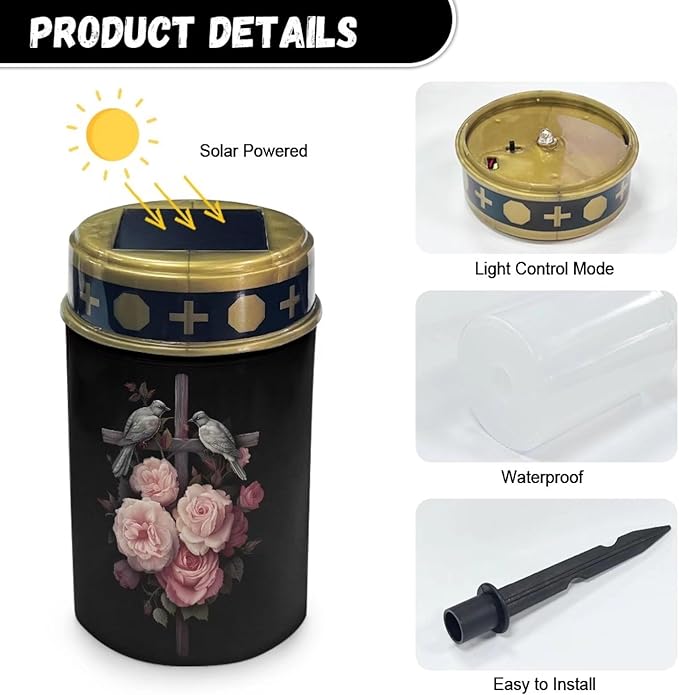 Rose Solar Lights Outdoor Solar Cross for Cemetery Grave Flameless Solar Powered Light for Prayer Waterproof Auto On/Off Solar Lights for Outside Yard Walkway Driveway