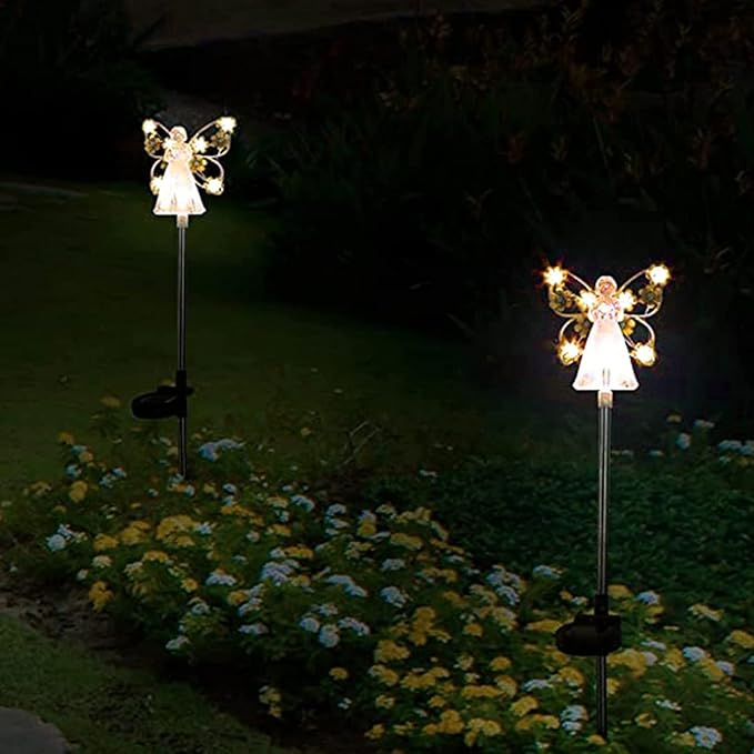 Solar Garden Lights 2pcs Fairy Garden Ornaments Outdoor Solar Pathway Lights, Flower Fairy Resin Figurine Lamp for Courtyard Lawn, Commemorate Gift (Color : Yellow)