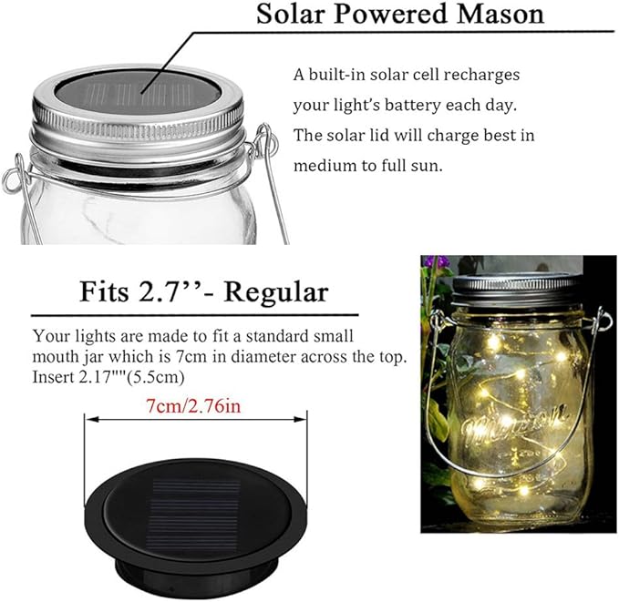 Miaro 6 Pack Mason Jar Lights, 10 LED Solar Warm White Fairy String Lights Lids Insert for Garden Deck Patio Party Wedding Christmas Decorative Lighting Fit for Regular Mouth Jars