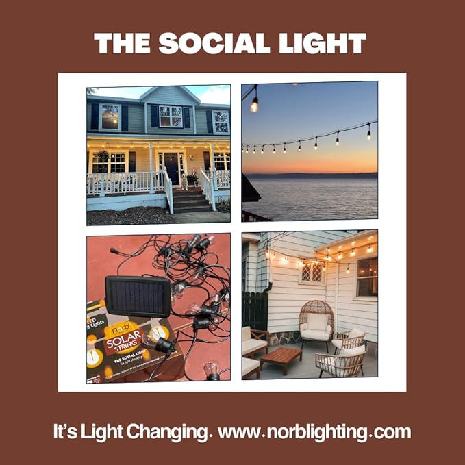 Norb Solar String Lights Outdoor 35FT – NorbSOLAR Weatherproof LED Patio Lights with Warm Candle-Like Glow, Shatterproof Vintage Bulbs, Solar Powered & Energy-Efficient, Outdoor & Event Use