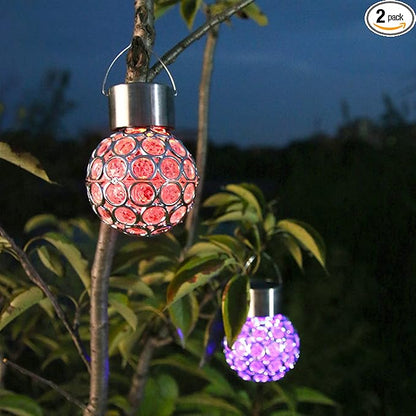 2 Pack Hanging Solar Light Outdoor, Decorative Solar Powered Waterproof Ball Shaped Night Light, Hanging Globe Solar Lights for Gardens, Yards, Patios, Lawns (Color-Changing Light)