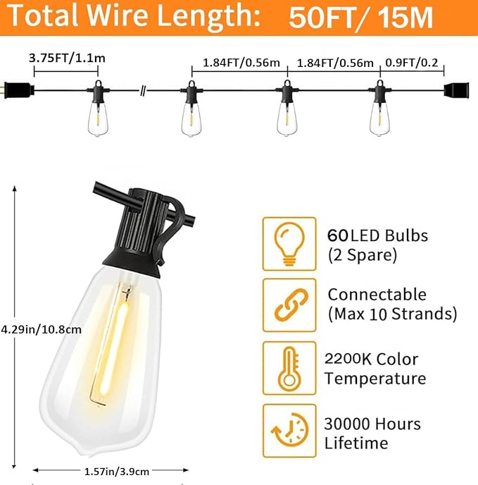 50FT Outdoor String Lights Patio Lights with 20 Shatterproof ST38 Vintage Edison Bulbs (2200K) Commercial Grade Patio Lights, Decorative for Garden or Patio, Black