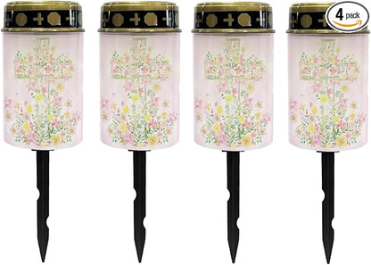 Poceacles Cross Solar Lights Grave Solar Lamp Solar Powered Stake Lights for Grave Site Outdoor Solar Garden Lights Waterproof Grave Lantern for Cemetery Decor, Pink Yellow Floral Cross, Pack of 4