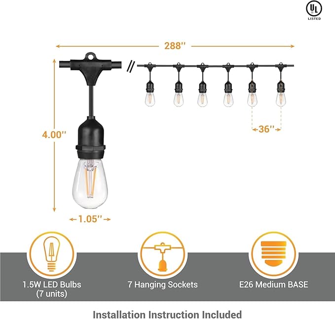 Diodesy- 24Ft Outdoor String Lights with S14 LED Shatterproof Edison Bulb & 7 Hanging Socket Commercial Grade E26 | Lumora