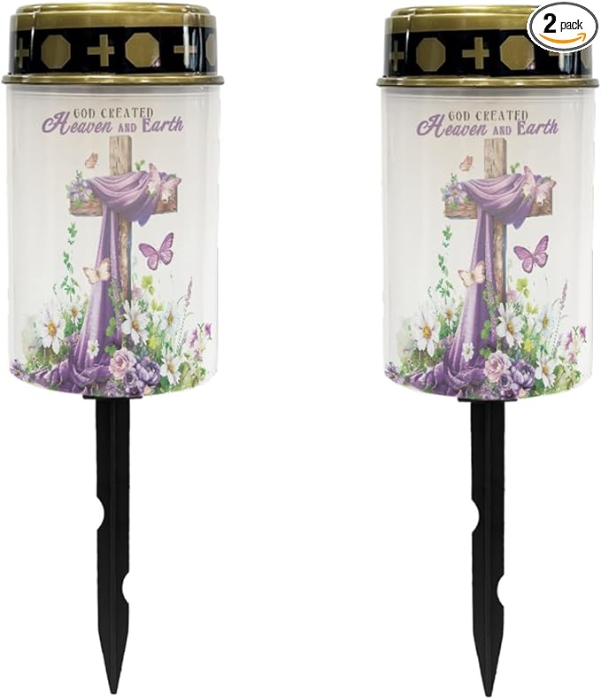 Cross Lavender Cemetery Lights for Grave,Solar Lantern Lights Outdoor Pathway Lights Solar-Powered Fairy Lights for Gravesite,Waterproof Driveway Lights Landscape Lights