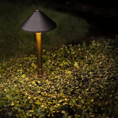 VOLT Conehead 12V Brass Mini Path Light (7" Shade, 15" Tall) for Low Voltage Landscape Lighting on Outdoor Pathway, Walkway, Garden, Driveway or Patio