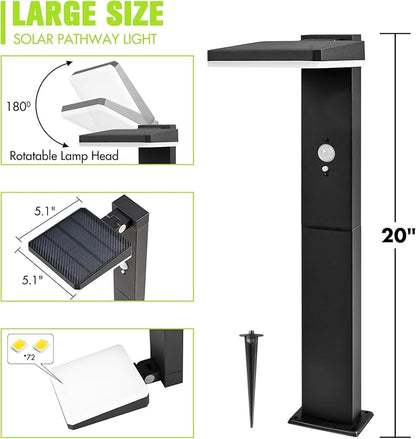 Solar Motion Pathway Lights Outdoor, 2 Pack Solar Powered Garden Lights Waterproof, 72 LED 600 Lumens Super Bright Motion Sensor Solar Path Light, Aluminum Black Garden Light with Groundstake