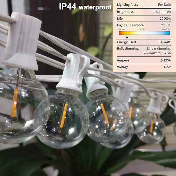 25Ft LED String Lights with 27 Shatterproof LED Clear Globe Bulbs, Indoor&Outdoor String Lights for Patio, Garden, Backyard, Bistro, Pergola, Tents, Gazebo Decor, White Wire