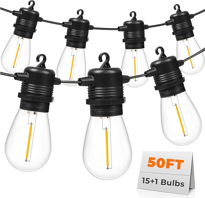 S14 Outdoor String Lights 50FT, Waterproof Patio Lights with 15 Shatterproof Bulbs for Bistro, Backyard, Porch | Lumora