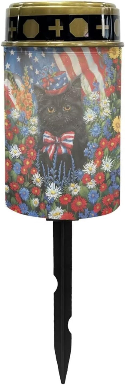 USA Flag Black Cat Solar Lights Outdoor Garden, Waterproof Solar Powered Stake Lights, Christmas Birthday Gifts for Grave Dad Grandma Garden Yard Gravesite Decorations