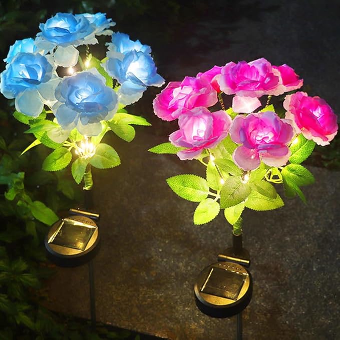 Aolyty Solar Garden Lights, 2 Pack Solar Rose Lights with 14 Rose Flowers, IP65 Waterproof LED Landscape Light Warm Light for Garden Patio Yard Pathway Valentines Day Outdoor Decorative (Purple)