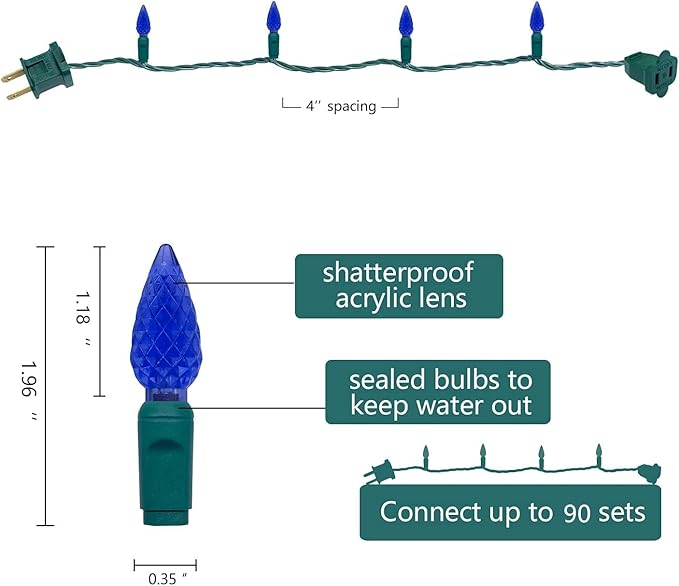 UL Listed 50 Count C6 Led Christmas Lights,C6 Strawberry Christmas Light Bulbs,Outdoor Led String Lights for Garden Patio Trees Lighting Decoration,17 Feet Green Wire (Blue)
