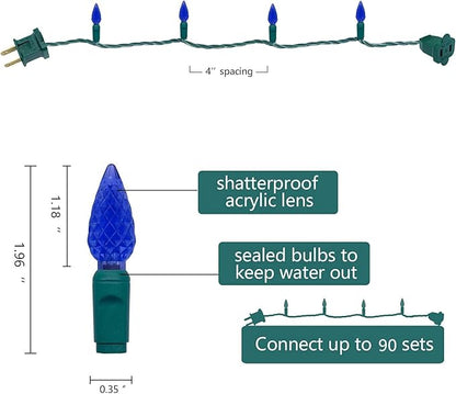 UL Listed 50 Count C6 Led Christmas Lights,C6 Strawberry Christmas Light Bulbs,Outdoor Led String Lights for Garden Patio Trees Lighting Decoration,17 Feet Green Wire (Blue)