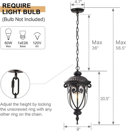 Vintage Bronze Outdoor Pendant Lights for Porch, 20 1/2" High Exterior Hanging Light Fixture with Adjustable Chain, Outside Ceiling Lantern with Seeded Glass for Patio, Entryway