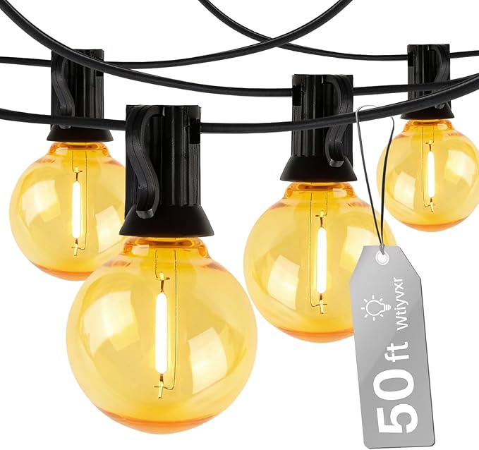 50 FT Yellow Outdoor String Lights G40 Globe Shatterproof Patio Lights,26 Plastic Edison Bulbs(2 Spare) IP65 Waterproof Dimmable LED Bulbs for Backyard Porch Balcony Party Decor, E12 Base