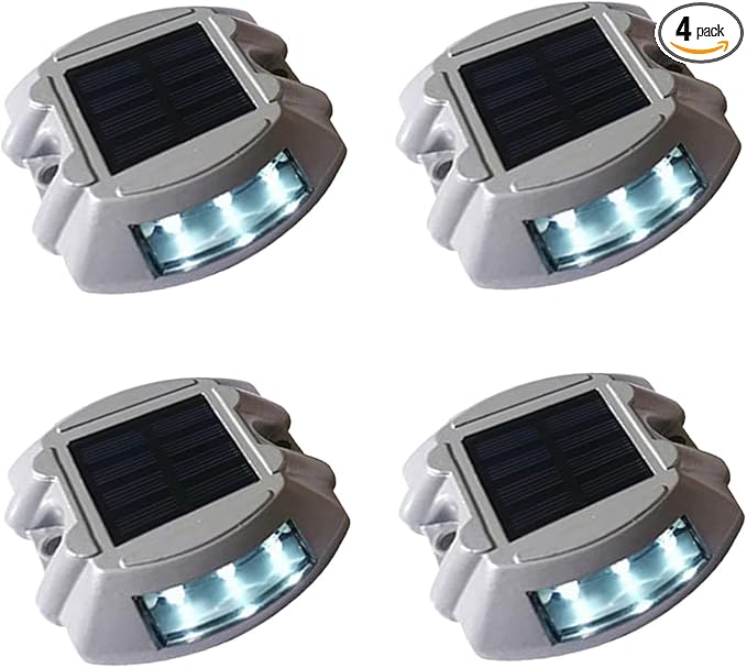 4 PCS Outdoor Solar Deck Lights, LED Solar Driveway Lights IP68 Waterproof Driveway Markers, Aluminium Solar Sidewalk Lights for Step, Driveway, Pathway, Yard (4, White Always on)
