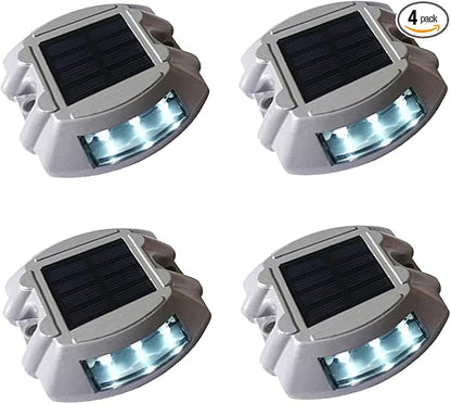 4 PCS Outdoor Solar Deck Lights, LED Solar Driveway Lights IP68 Waterproof Driveway Markers, Aluminium Solar Sidewalk Lights for Step, Driveway, Pathway, Yard (4, White Always on)
