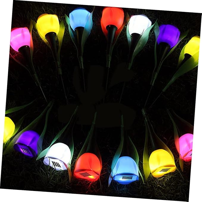 Milisten 7pcs Tulip Shape Pathway Solar Lights Outdoor Garden Decor Led Auto Off Weatherproof Low Power Consumption for Patio Driveway Random Color