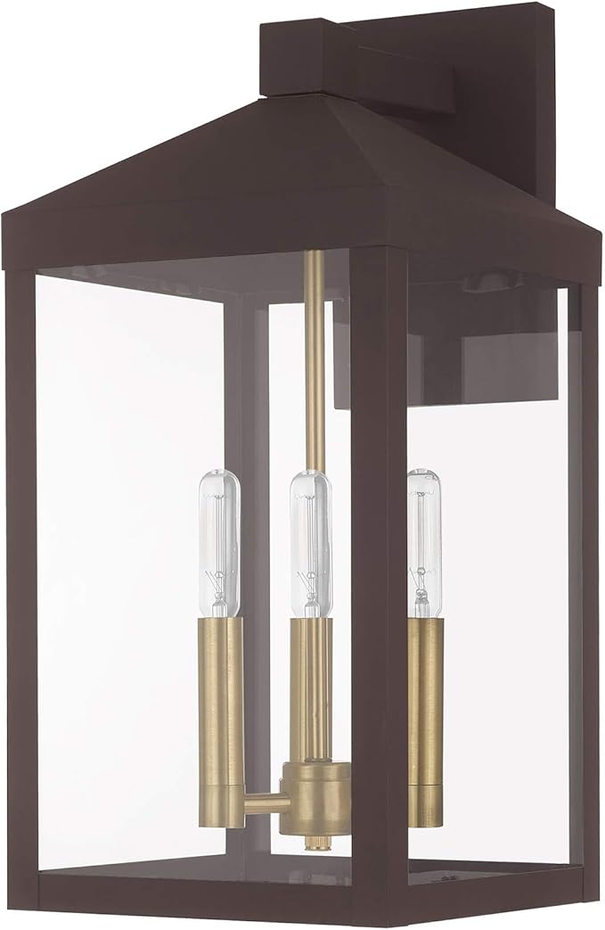 Livex 20584-07 Transitional Three Light Outdoor Wall Lantern from Nyack Collection in Bronze/Dark Finish | Lumora