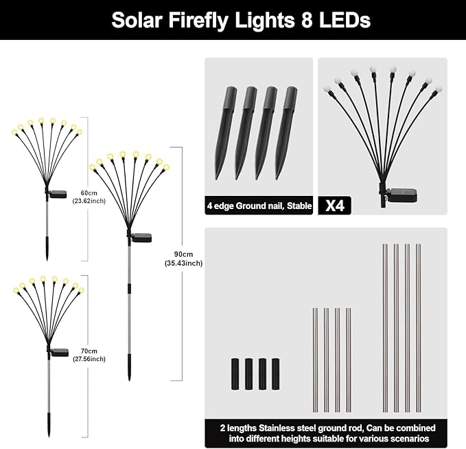 Swaying Solar Firefly Lights Outdoor, 8 Modes 800mAh Firefly Swaying Solar Garden Lights Waterproof for Outside Plant Yard Patio Pathway Christmas Garden Decor Flashing Warm White(4 Pack)