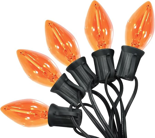 C7 LED Christmas Lights, 12FT Black Wire with 12 Orange Vintage Bulbs, Outdoor Indoor Hanging Lights for Porch, Garden, Backyard, Balcony, Holiday Party Décor