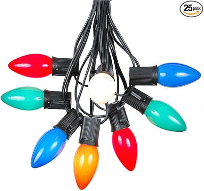 Novelty Lights Multi Hanging Ceramic Christmas String Lights - Retro Fit Traditional C9 Indoor/Outdoor Light Set w/ 25 Mini Bulbs for Roof Lines, Patios & More (Black Wire, 25' Long)