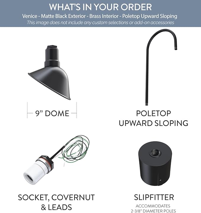 Steel Lighting Co. Venice Light | Outdoor Pole Top Mounted | 9 inch Dome | Upslope Gooseneck with Slip Fitter for 2-3/8" Standard Poles | Made in America | Matte Black Exterior/Brass Interior