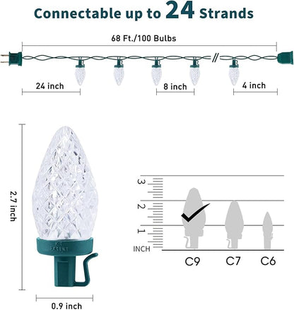 C9 LED Christmas Lights Outdoor, 68Ft 100 LED String with All in One Clips, Commercial Grade Waterproof Outdoor Christmas Lights for House Outside Roofline Xmas Decor, Pure White