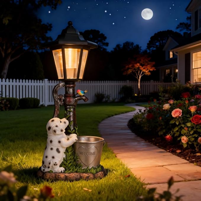 Solar Dalmatian Dog Garden Statue with Light-13 inches - Outdoor Waterproof decor with automatic lighting，perfect for Lawn,Patio, Yard-with Bucket & Bird Figurine for Dog Lovers, Mom, Grandma
